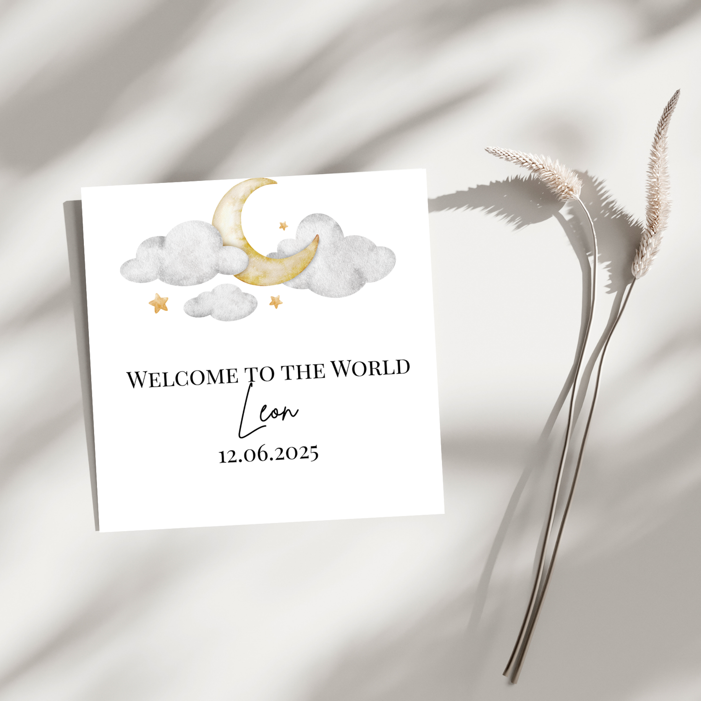 Welcome to the World - Mond & Wolken - Personalisierte Geburtskarte