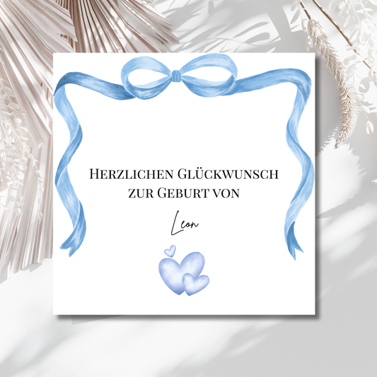 Personalisierte Geburtskarte "Blaue Schleife & Herzen"