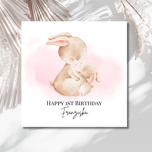 Hasen Mama & Baby - Personalisierte 1. Geburtstagskarte