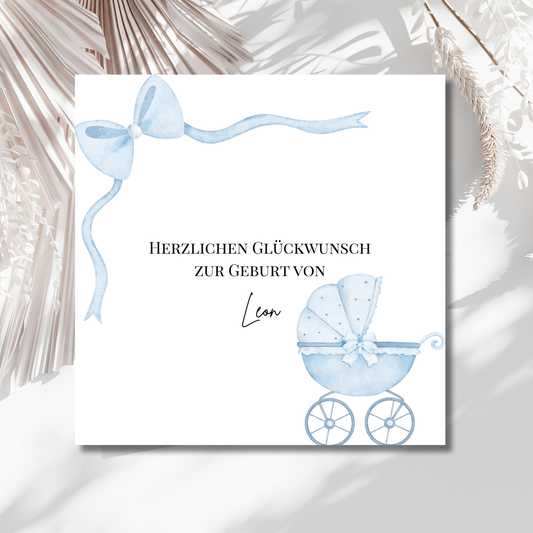 Personalisierte Geburtskarte "Kinderwagen & Schleife"