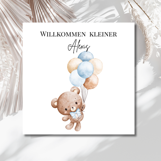 Personalisierte Geburtskarte "Teddybär mit Ballons"