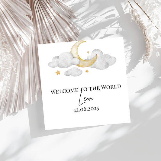 Welcome to the World - Mond & Wolken -  Personalisierte Geburtskarte