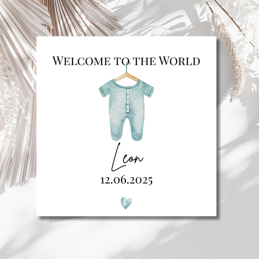Welcome to the World - Strampler Blau -  Personalisierte Geburtskarte