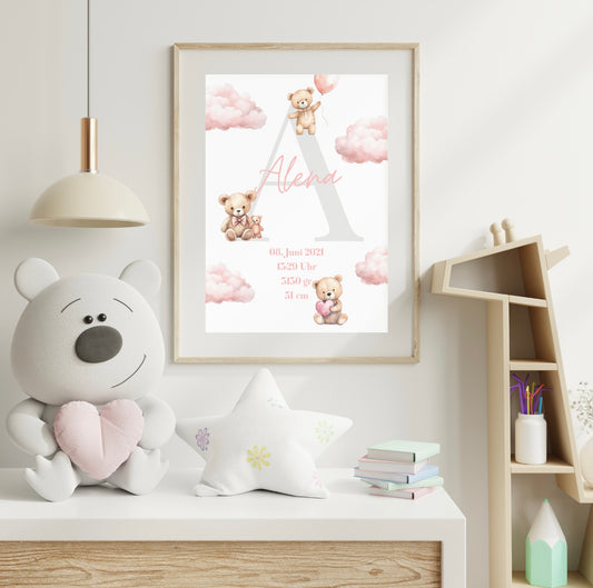 Personalisiertes Baby-Poster mit Teddy & Wolken