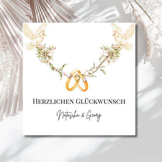 Tauben & Eheringe - Hochzeitskarte mit Namen