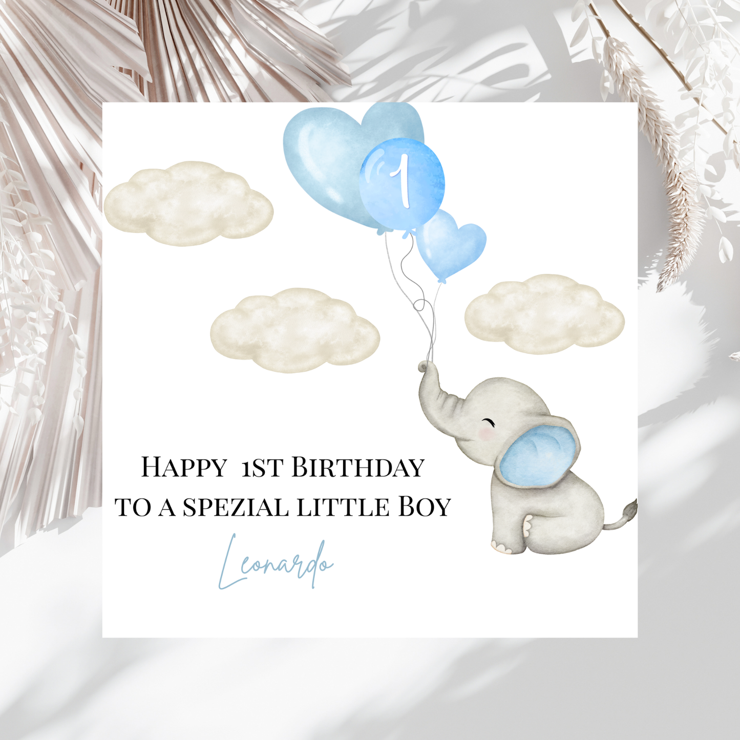Elefant mit Ballons - Personalisierte 1. Geburtstagskarte