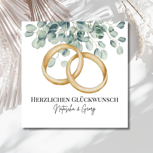 Goldringe & Greenery - Hochzeitskarte mit Namen