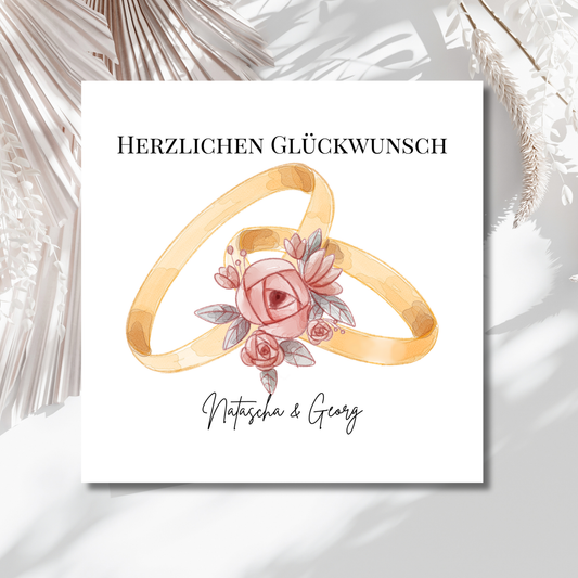 Goldringe & Blumemn - Hochzeitskarte mit Namen